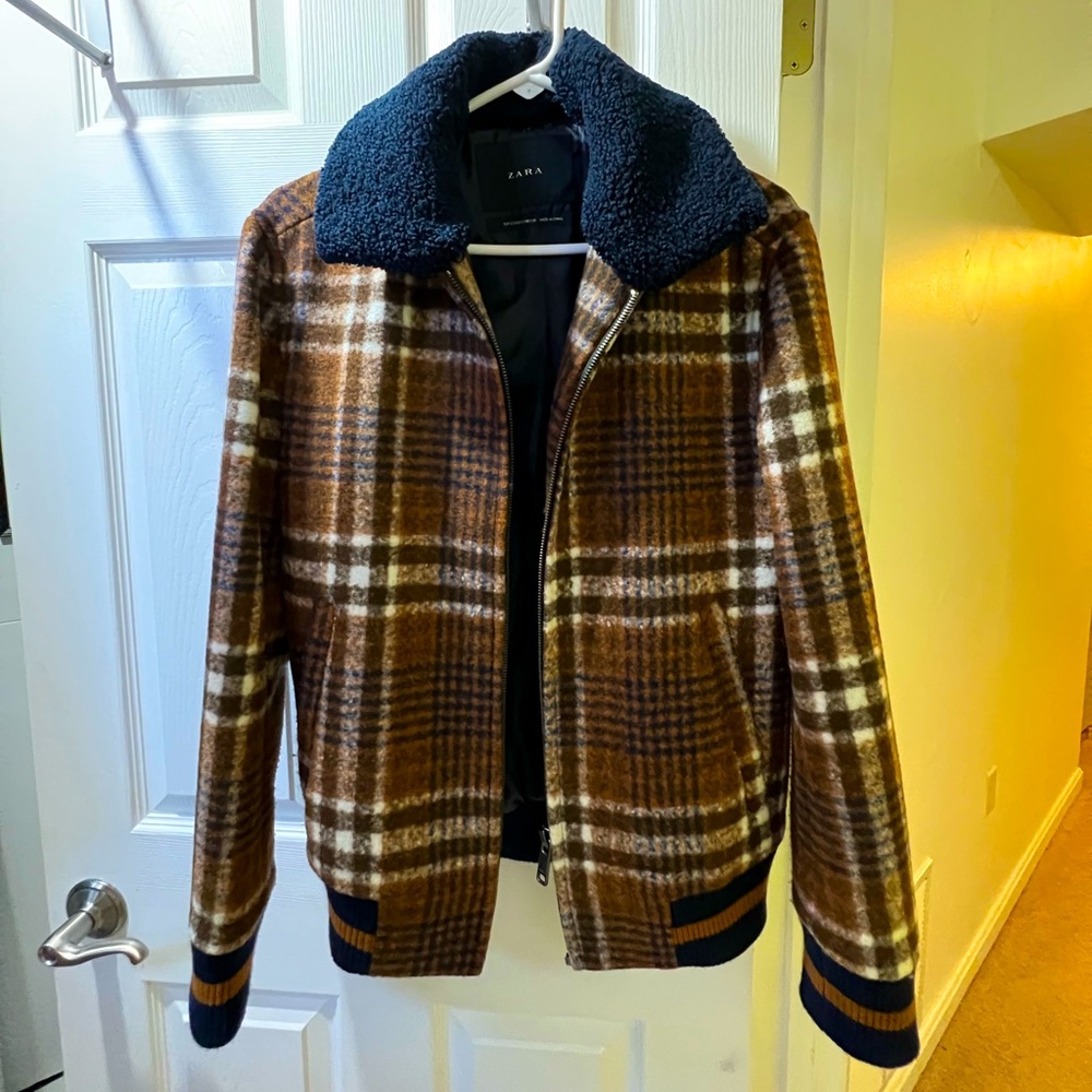 Zara Plaid Bomber Jacket with removable shearling collar size small